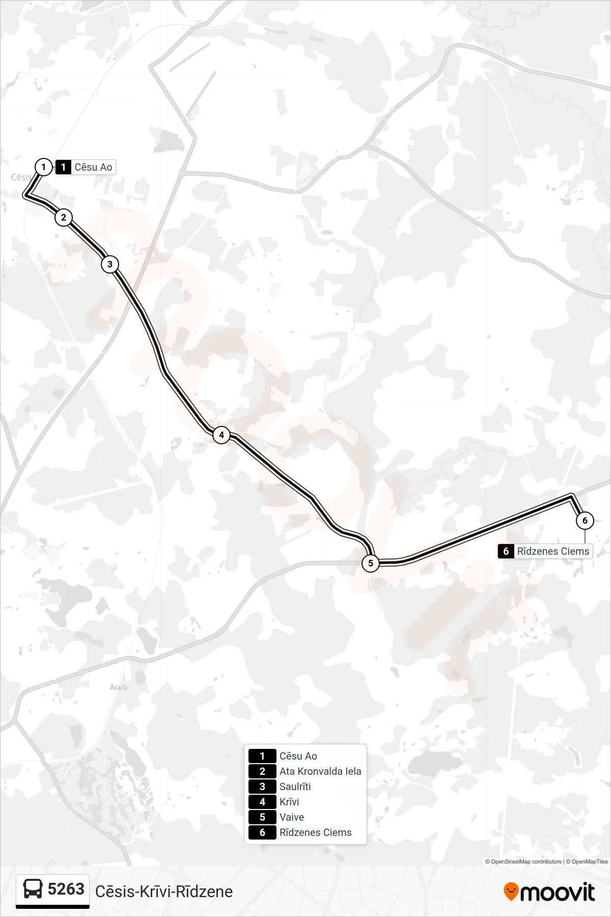 5263 bus Line (Rīdzenes Ciems) route and stops on a map