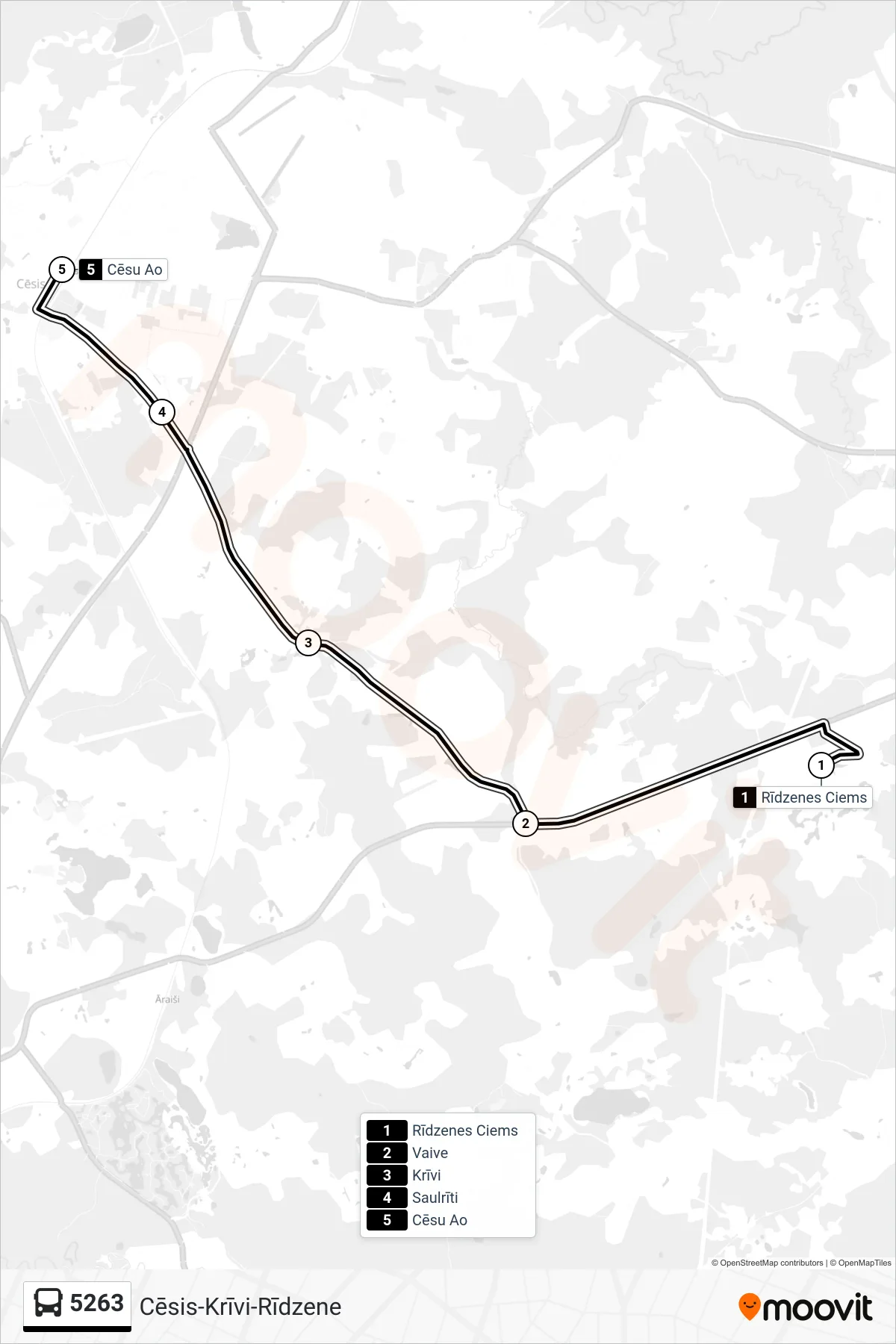 5263 bus Line (Cēsu Ao) route and stops on a map
