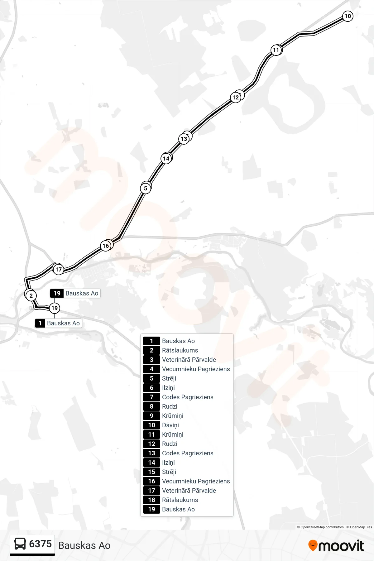 6375 bus Line (Bauskas Ao) route and stops on a map