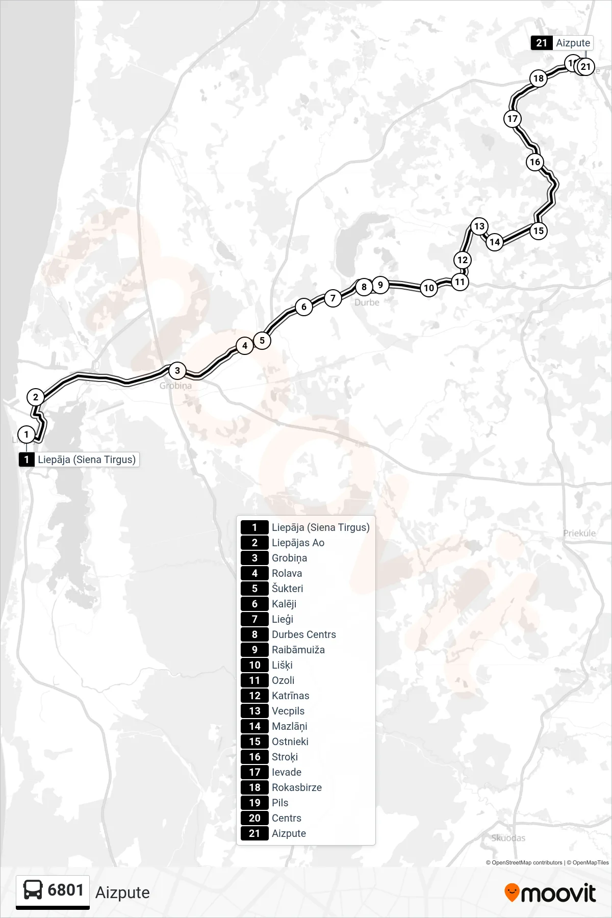 6801 bus Line (Aizpute) route and stops on a map