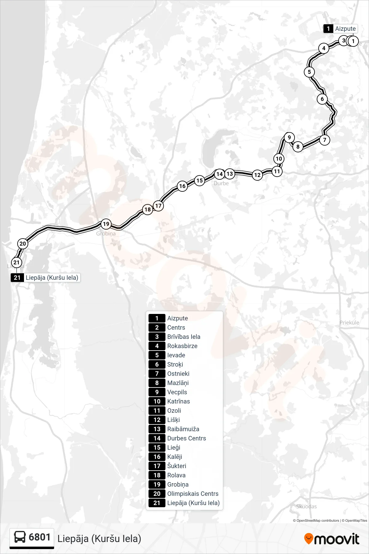 6801 bus Line (Liepāja (Kuršu Iela)) route and stops on a map