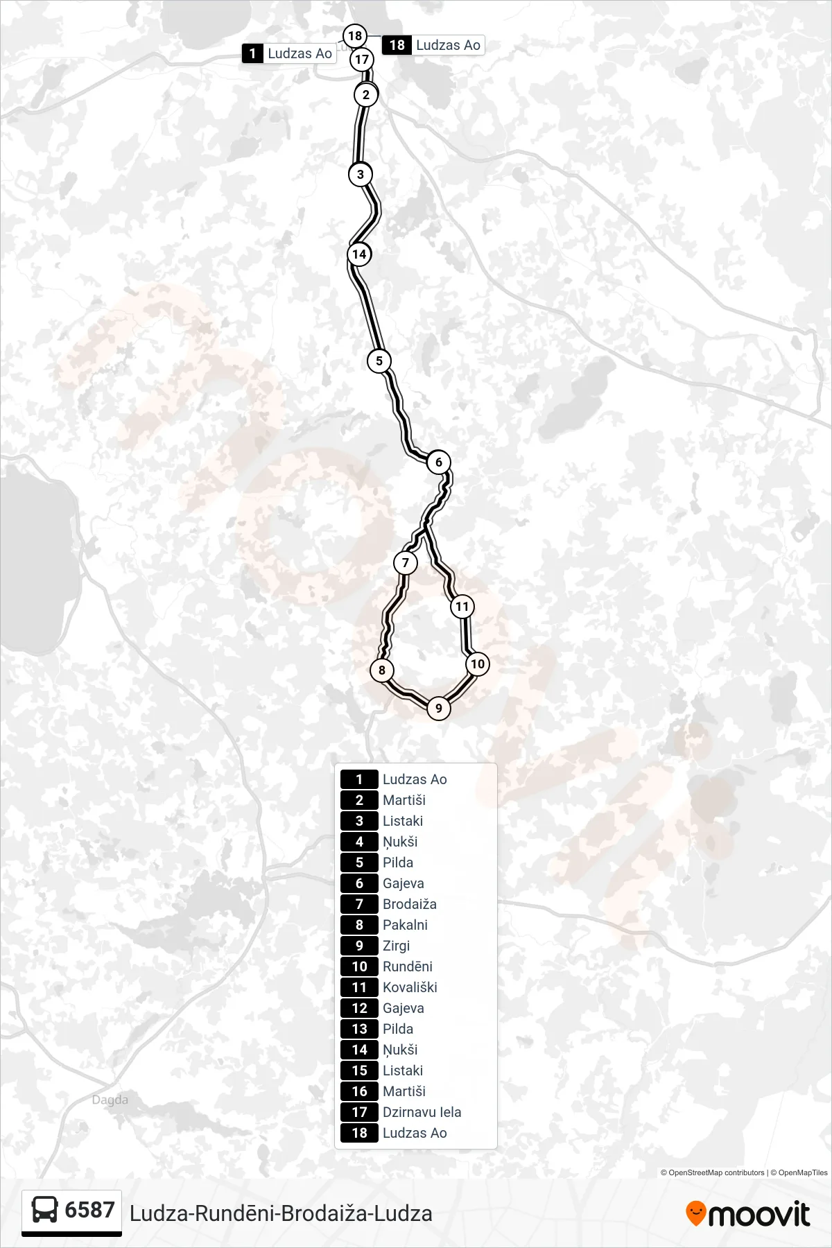 6587 bus Line (Ludzas Ao) route and stops on a map