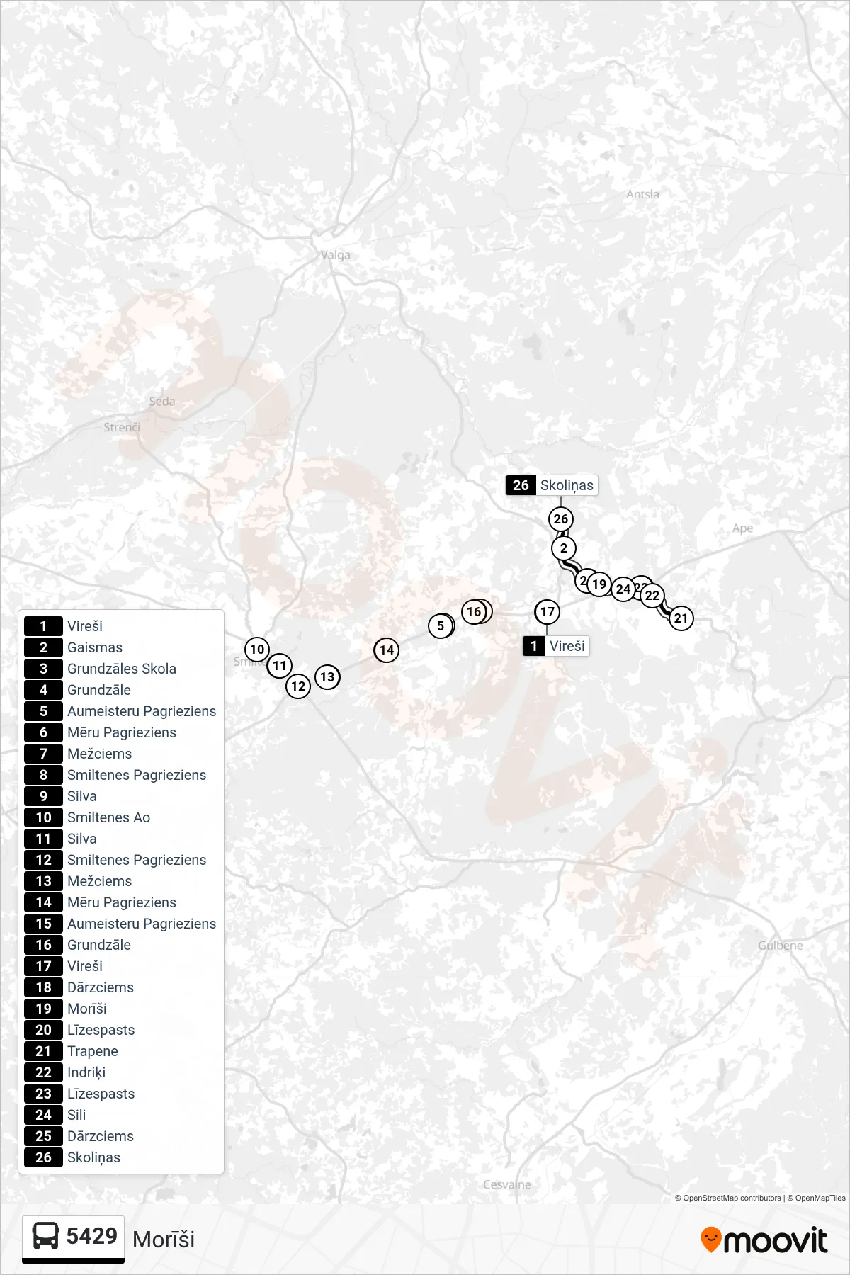 5429 bus Line (Morīši) route and stops on a map