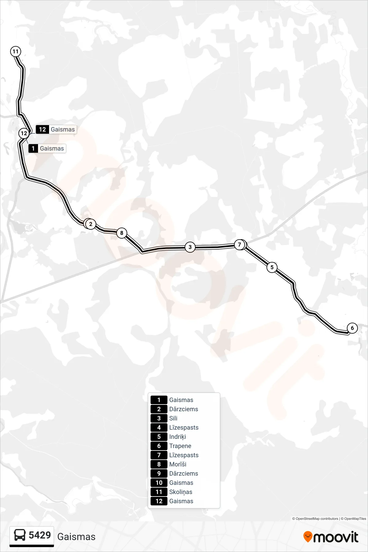 5429 bus Line (Gaismas) route and stops on a map