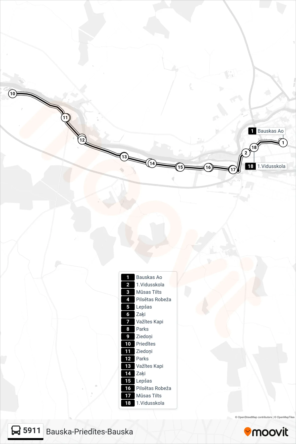 5911 bus Line (Bauskas Ao) route and stops on a map