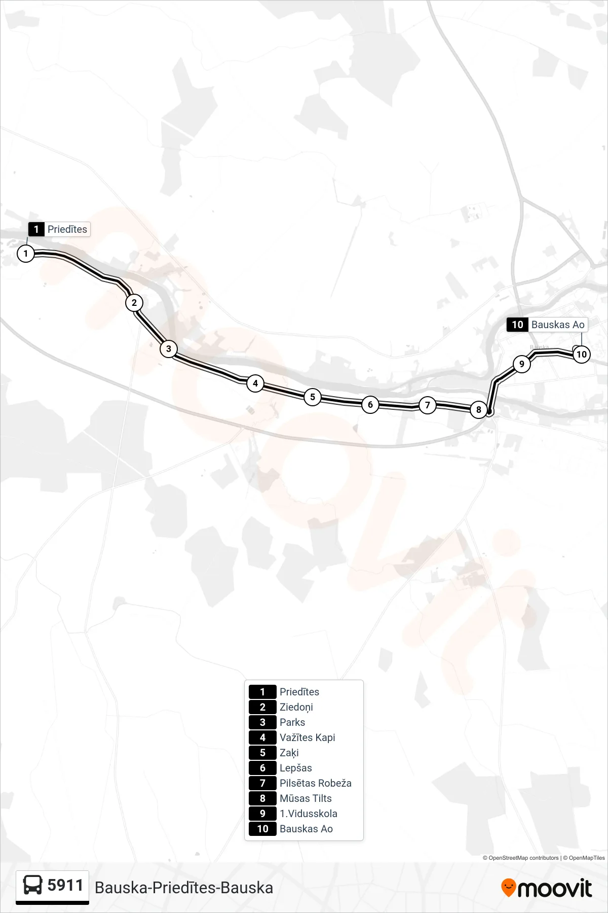 5911 bus Line (Bauskas Ao) route and stops on a map