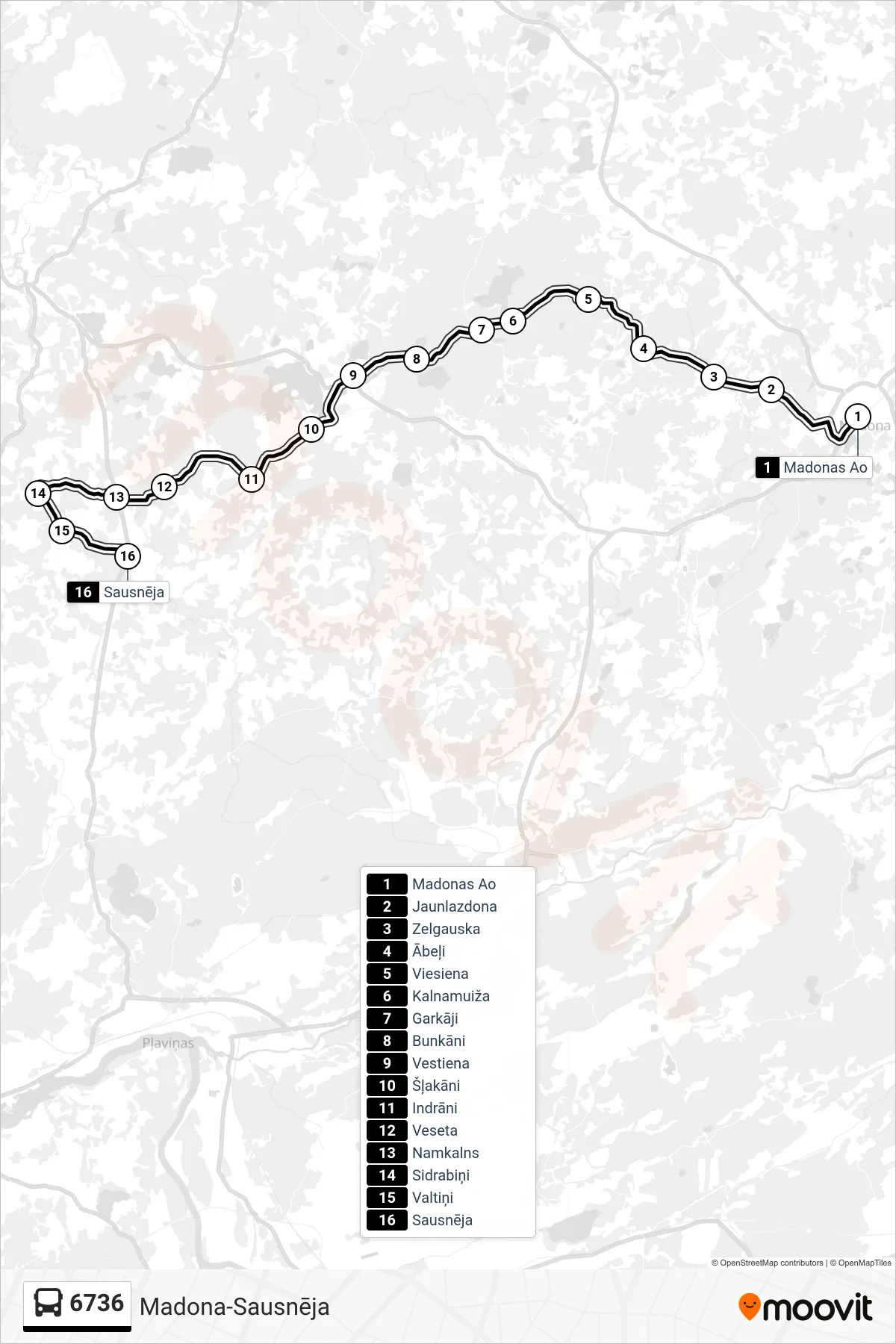 6736 bus Line (Sausnēja) route and stops on a map