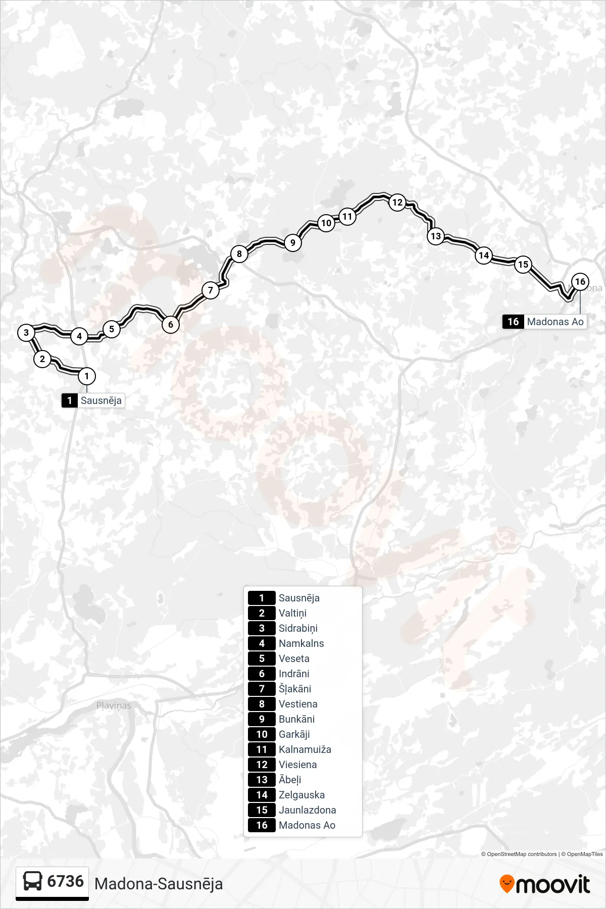 6736 bus Line (Madonas Ao) route and stops on a map