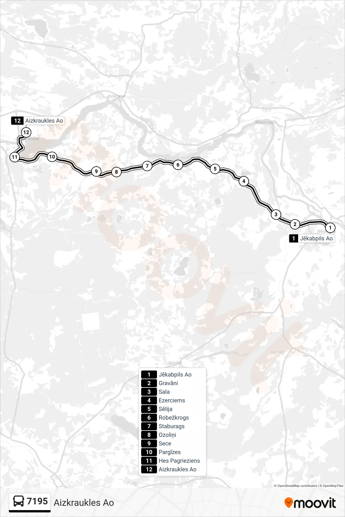 7195 bus Line (Aizkraukles Ao) route and stops on a map