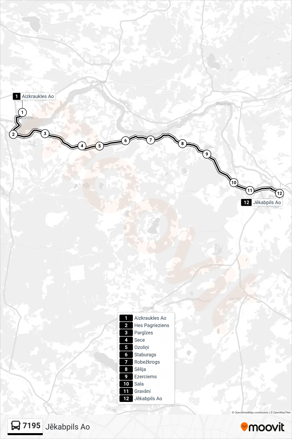 7195 bus Line (Jēkabpils Ao) route and stops on a map
