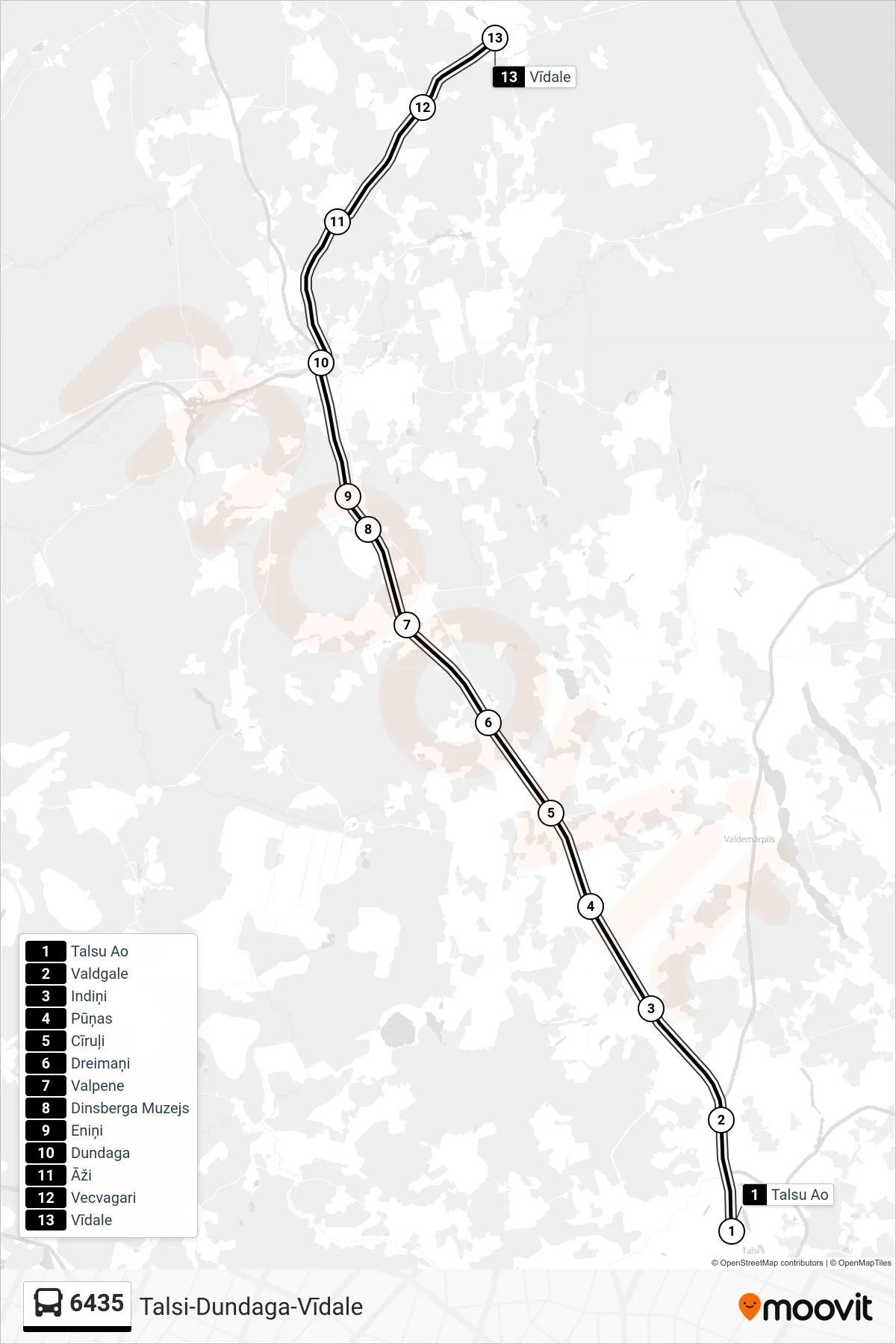 6435 bus Line (Vīdale) route and stops on a map