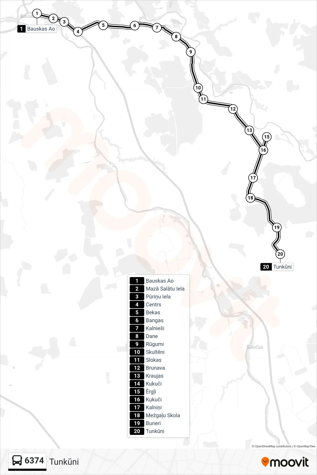 6374 bus Line (Tunkūni) route and stops on a map