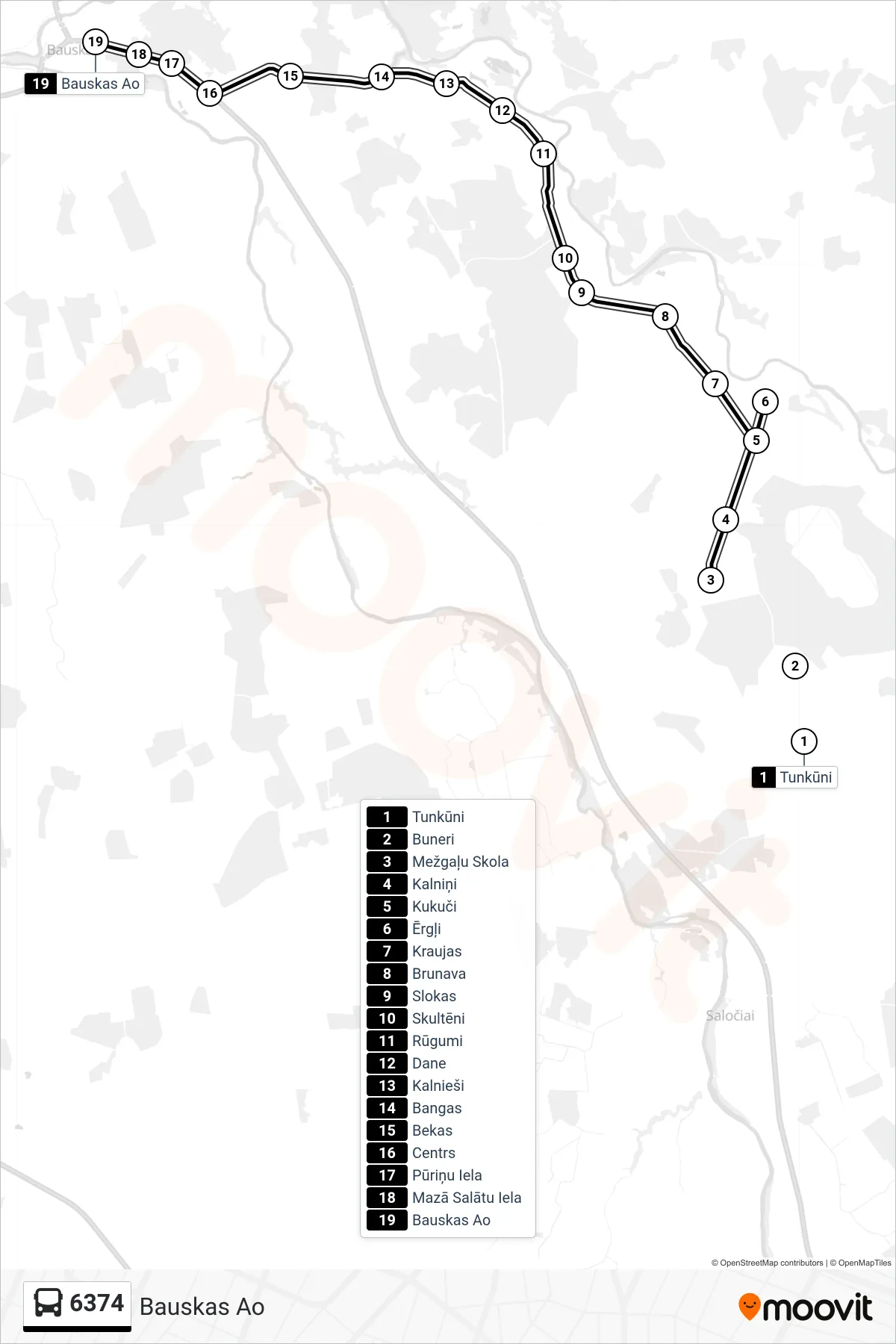 6374 bus Line (Bauskas Ao) route and stops on a map