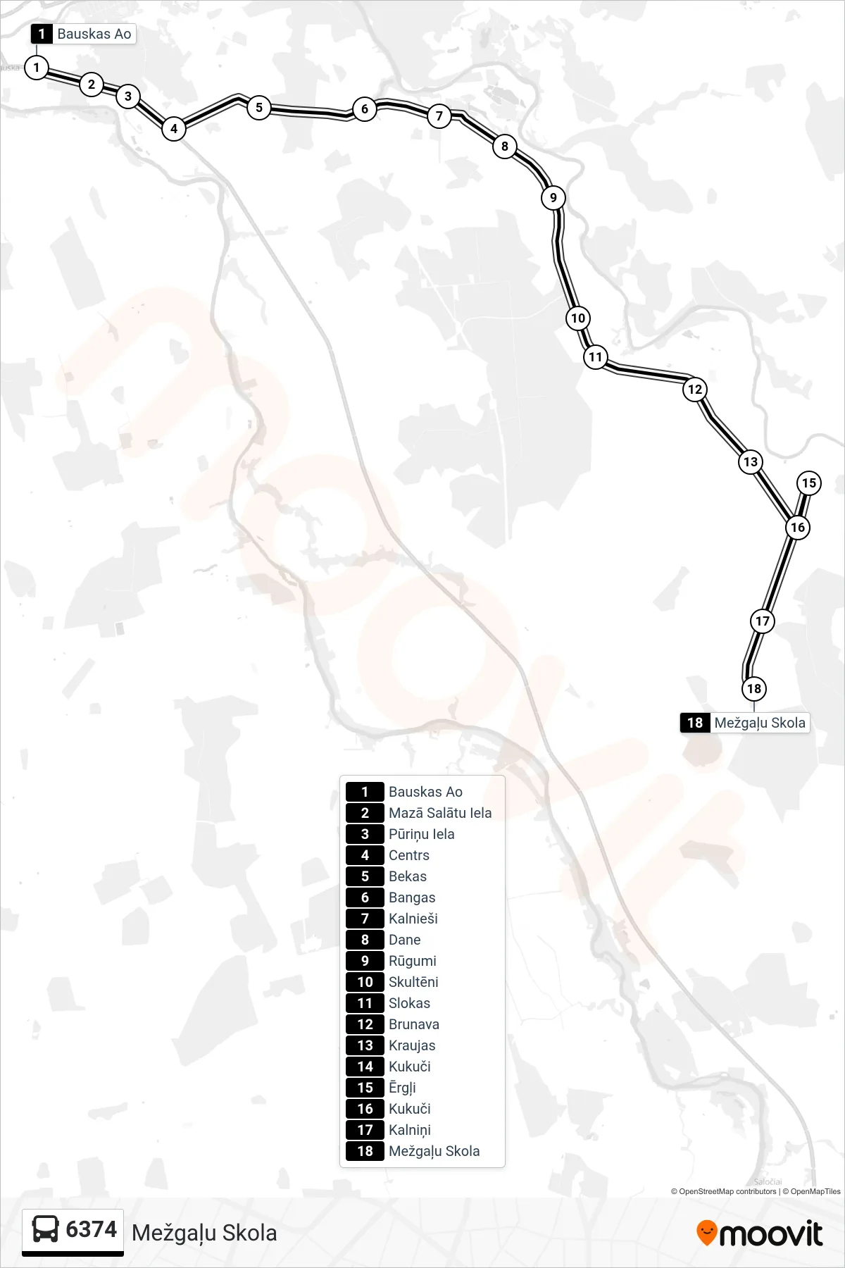 6374 bus Line (Mežgaļu Skola) route and stops on a map