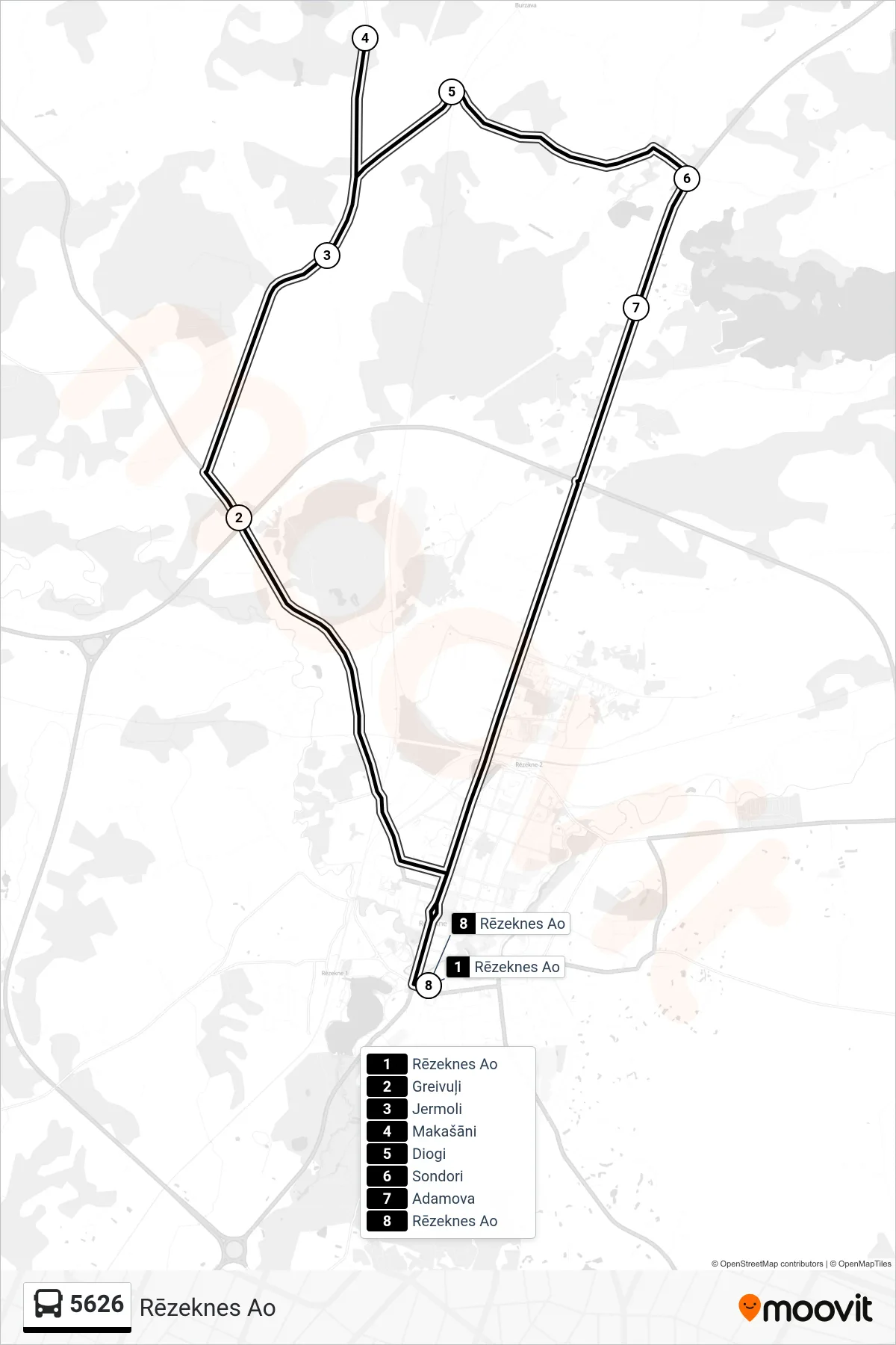 5626 bus Line (Rēzeknes Ao) route and stops on a map