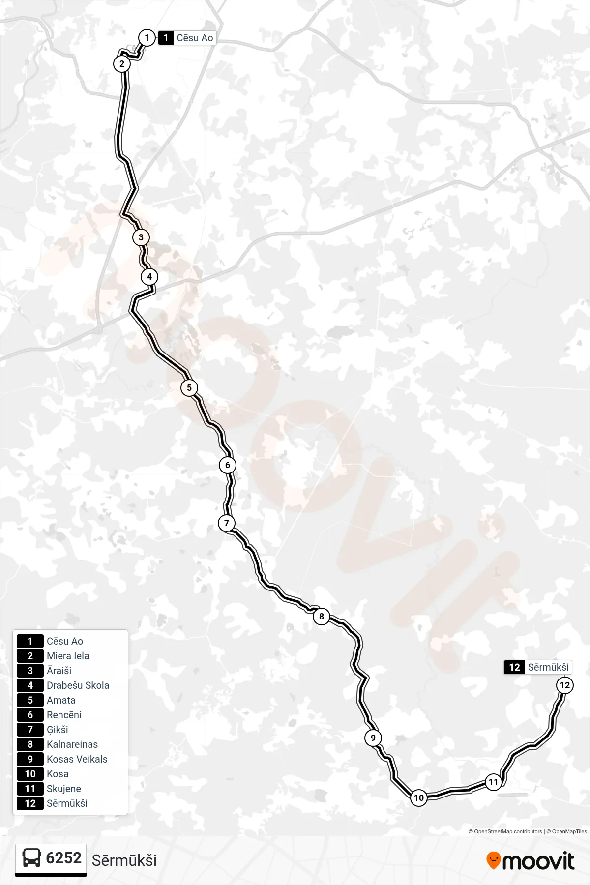 6252 bus Line (Sērmūkši) route and stops on a map
