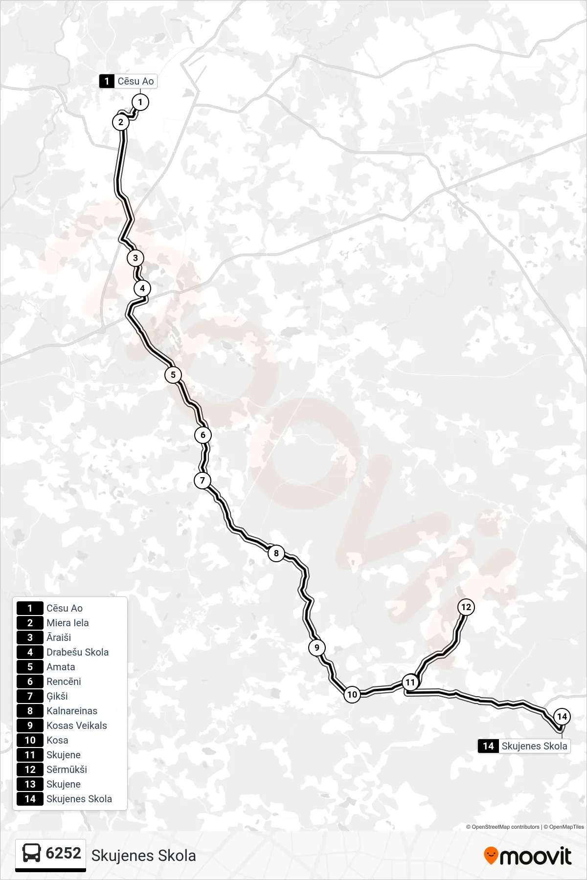 6252 bus Line (Skujenes Skola) route and stops on a map