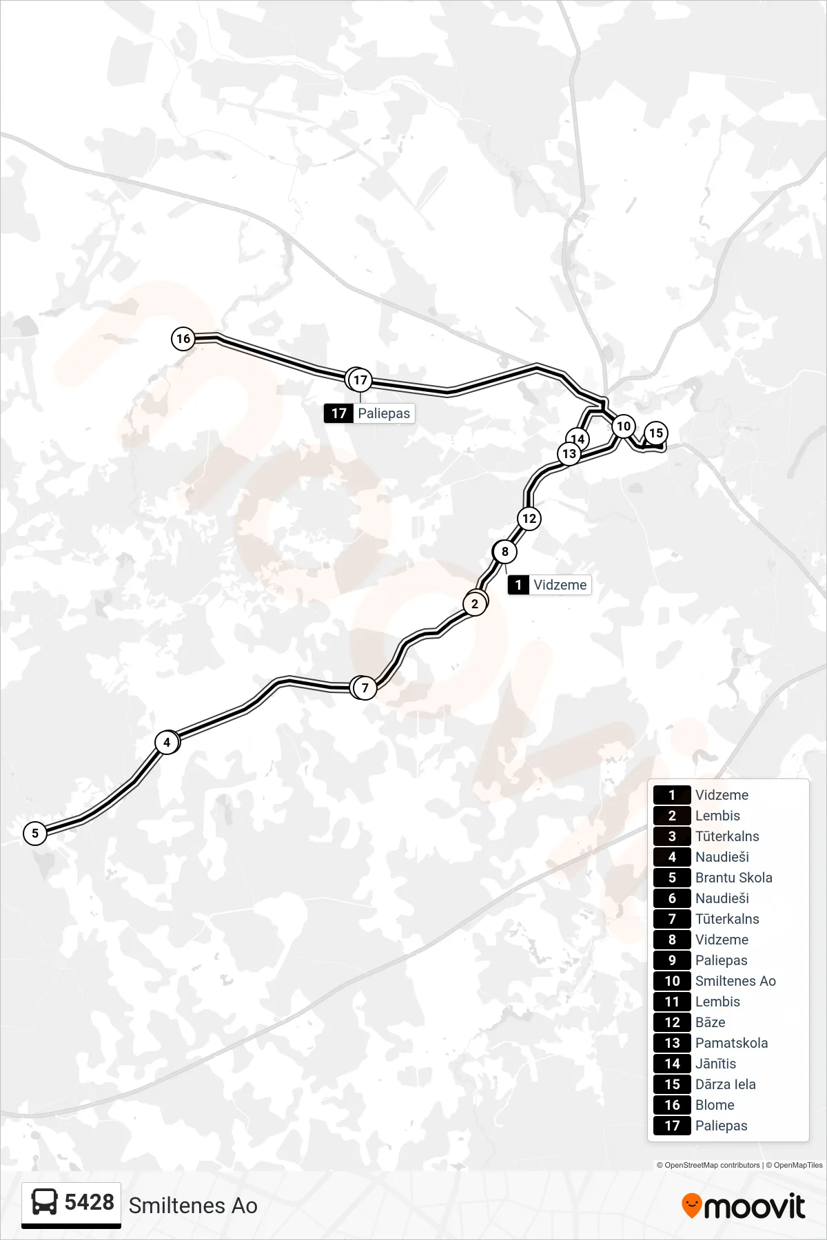 5428 bus Line (Smiltenes Ao) route and stops on a map