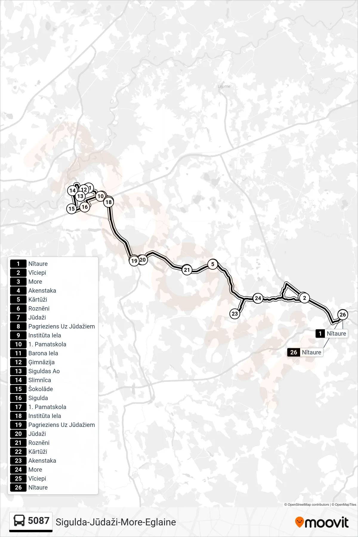 5087 bus Line (Nītaure) route and stops on a map