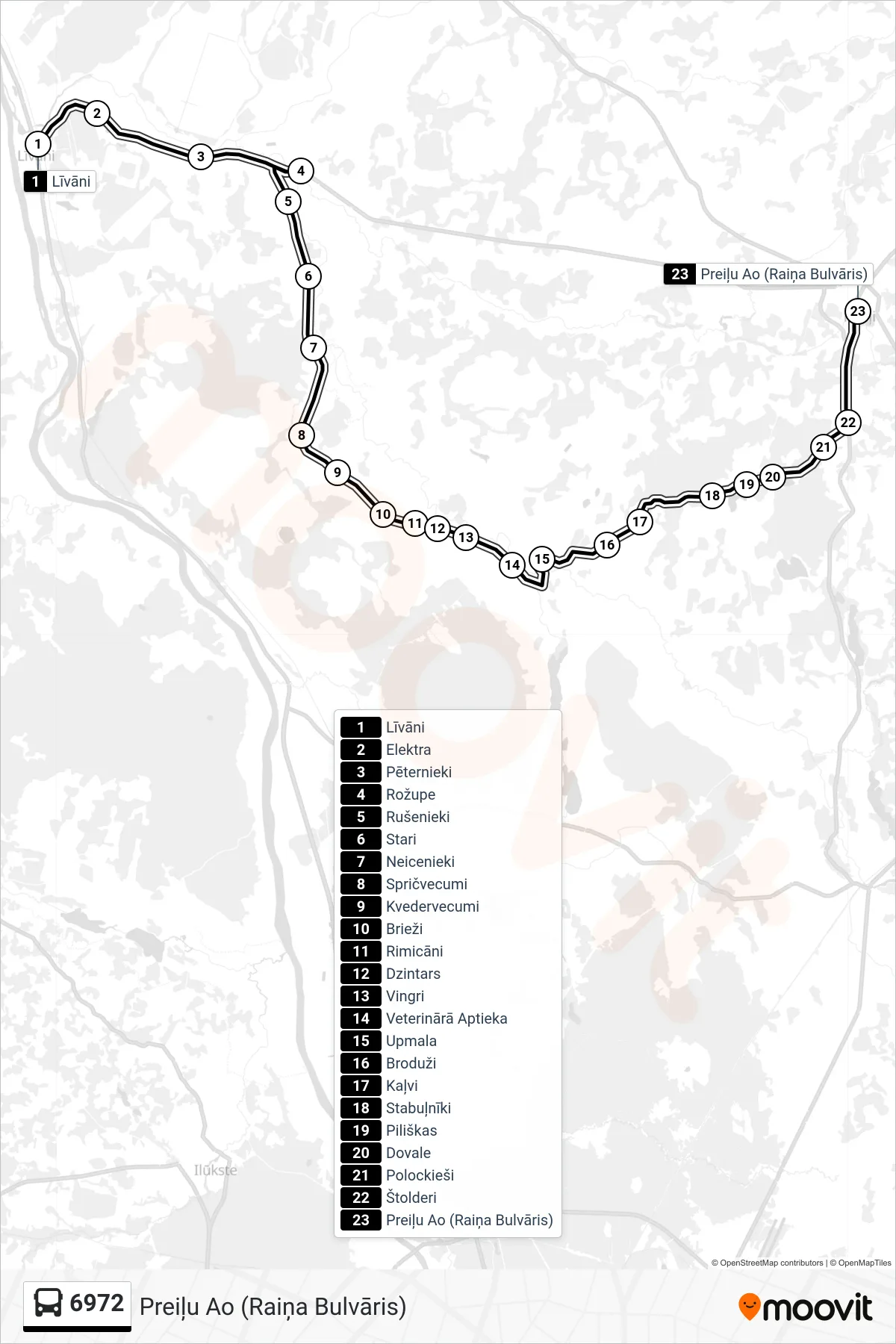 6972 bus Line (Preiļu Ao (Raiņa Bulvāris)) route and stops on a map