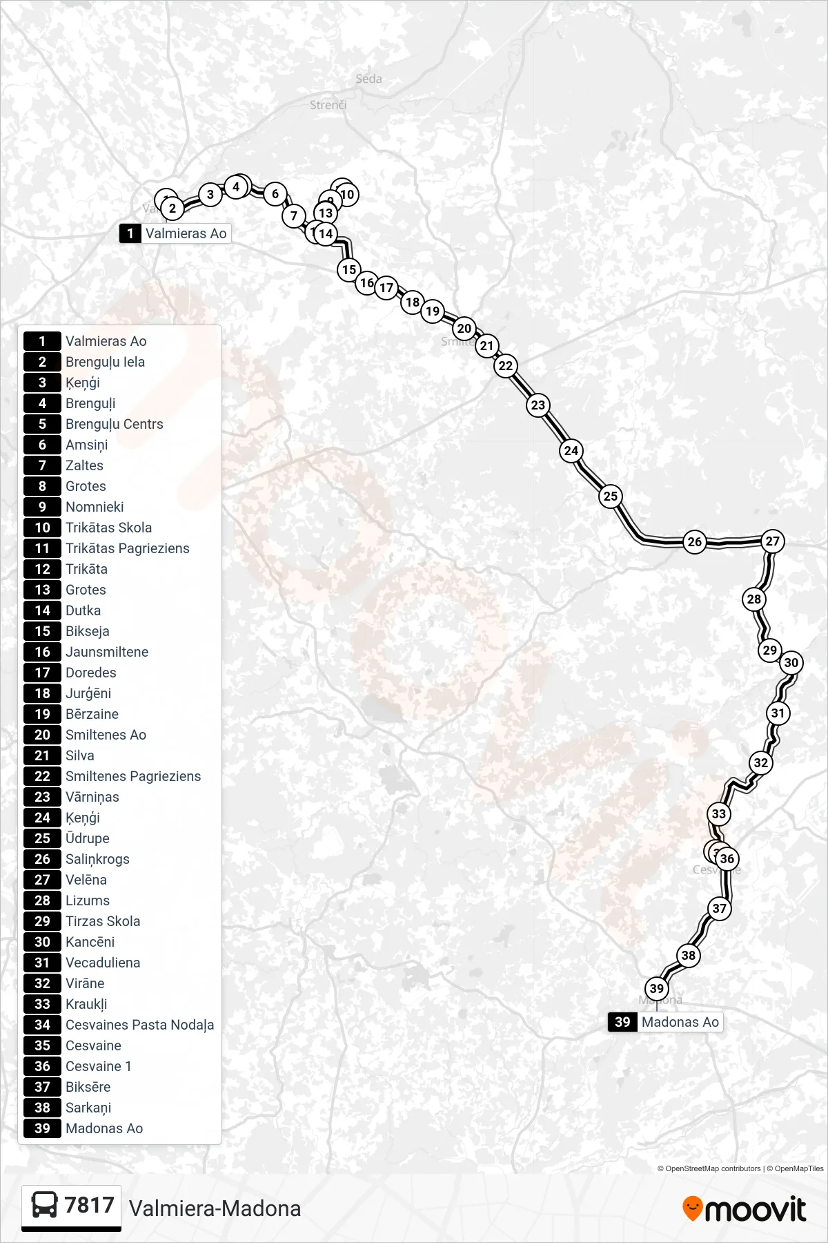 7817 bus Line (Madonas Ao) route and stops on a map