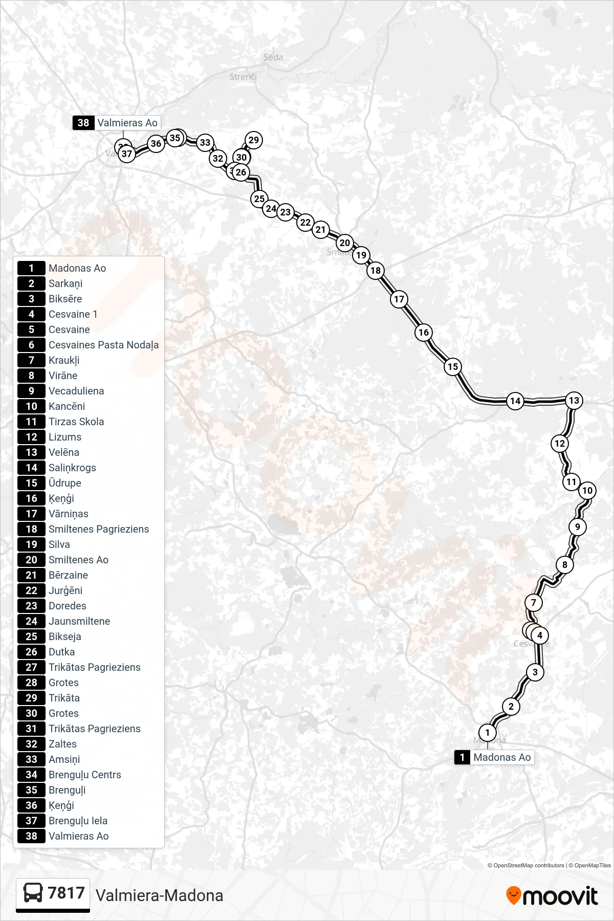 7817 bus Line (Valmieras Ao) route and stops on a map