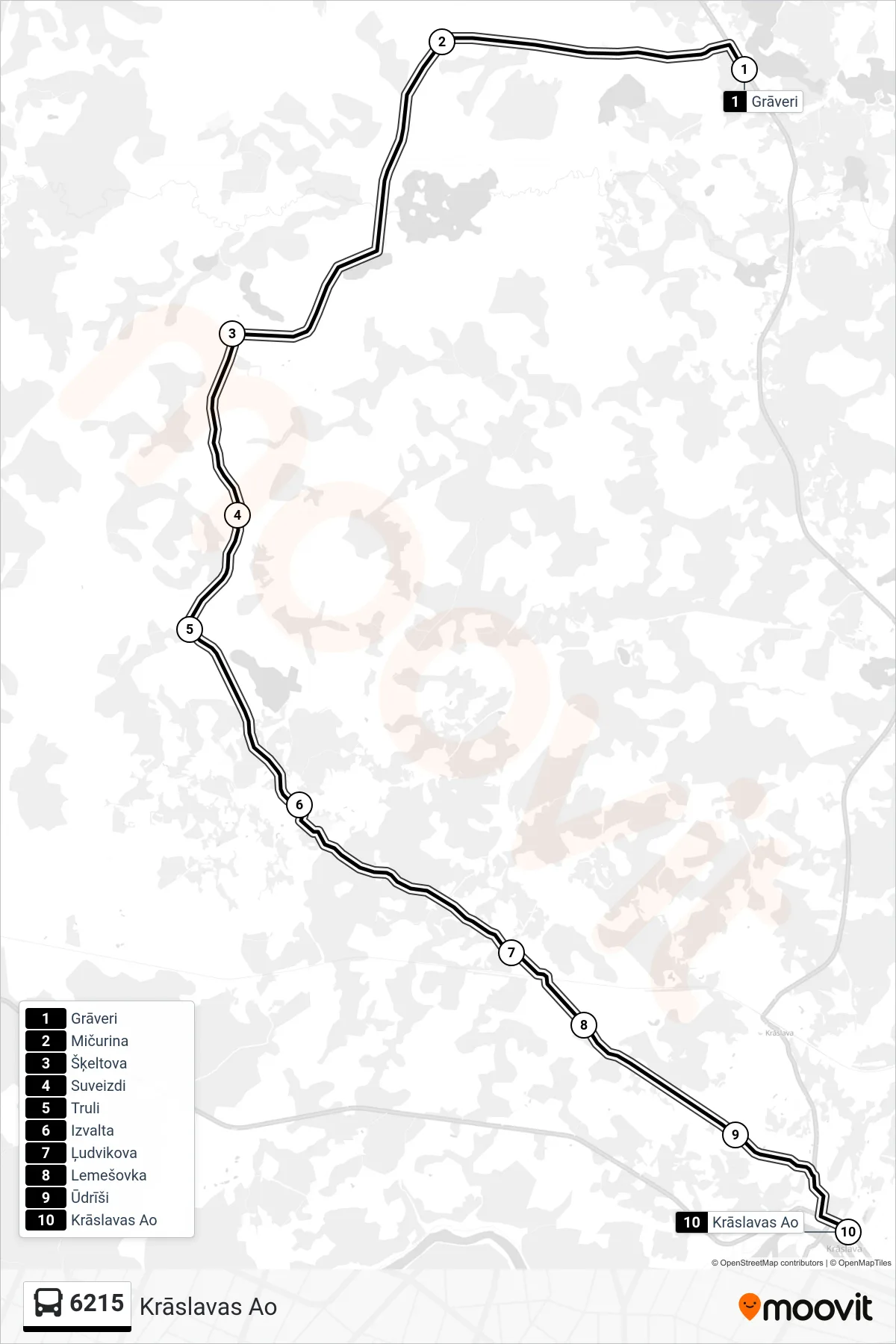 6215 bus Line (Krāslavas Ao) route and stops on a map
