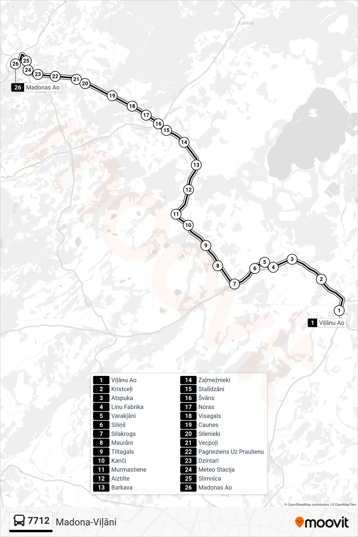 7712 bus Line (Madonas Ao) route and stops on a map