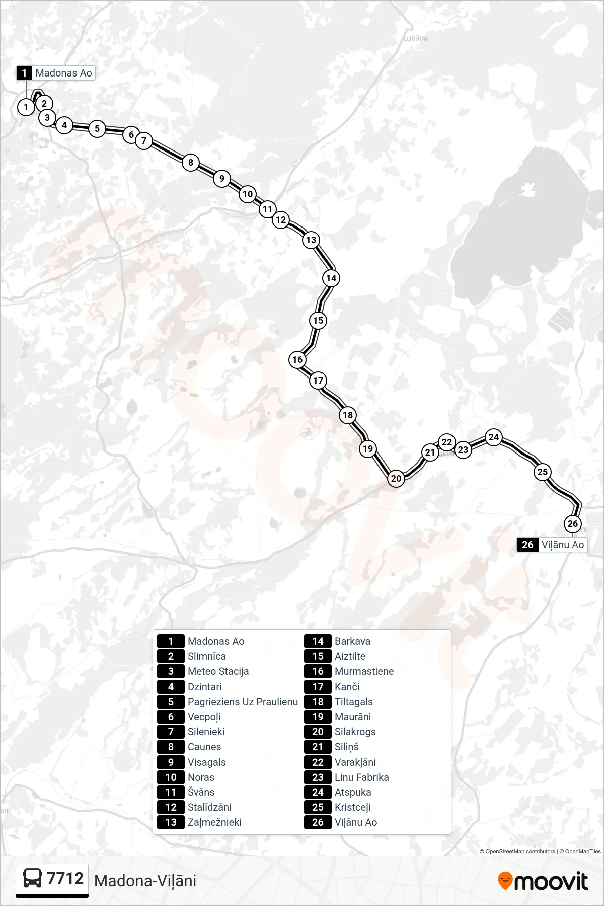 7712 bus Line (Viļānu Ao) route and stops on a map