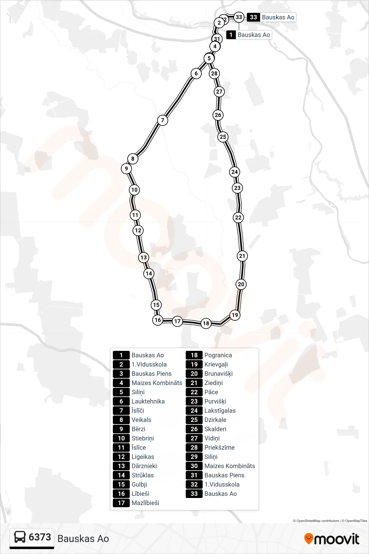 6373 bus Line (Bauskas Ao) route and stops on a map