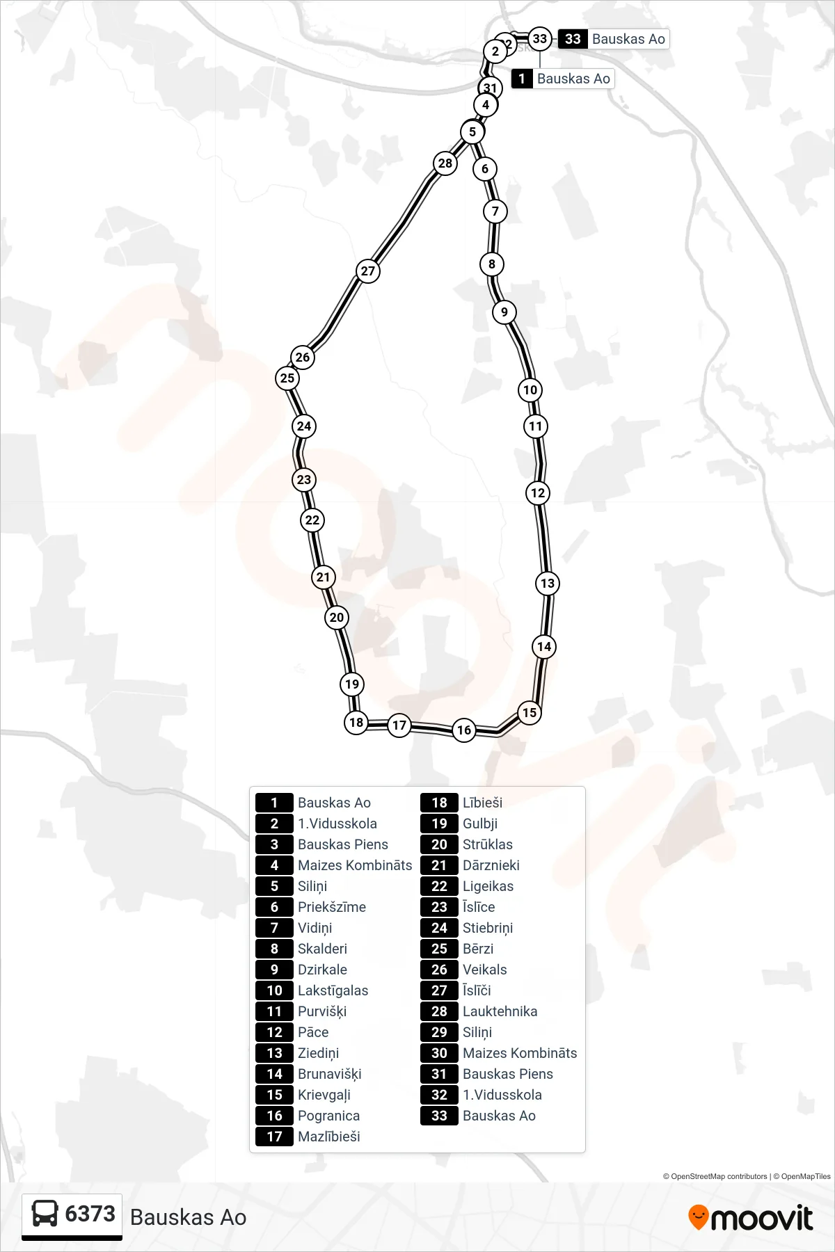 6373 bus Line (Bauskas Ao) route and stops on a map