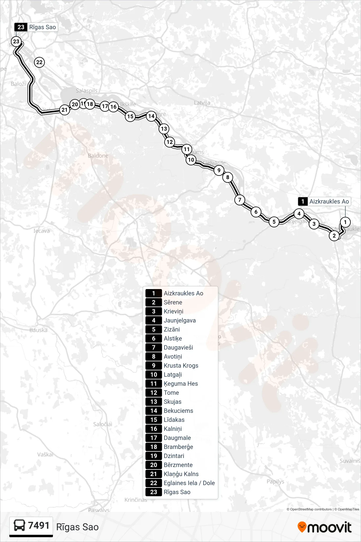 7491 bus Line (Rīgas Sao) route and stops on a map