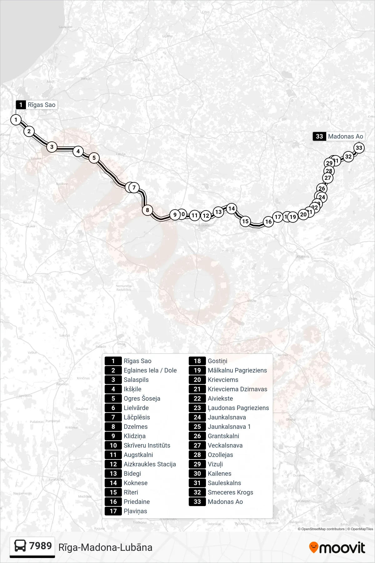 7989 bus Line (Madonas Ao) route and stops on a map