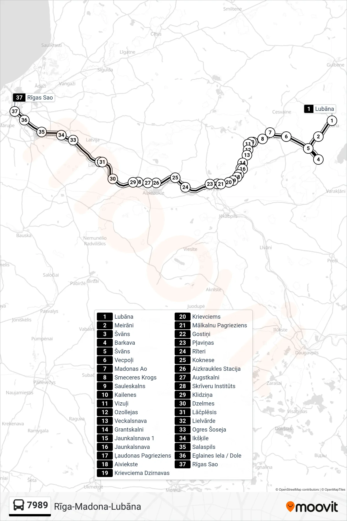 7989 bus Line (Rīgas Sao) route and stops on a map