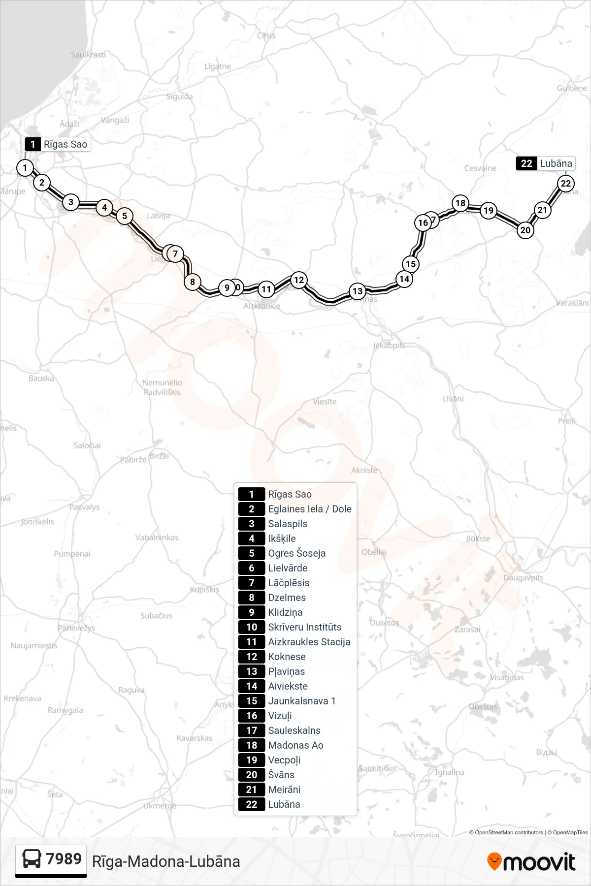 7989 bus Line (Lubāna) route and stops on a map
