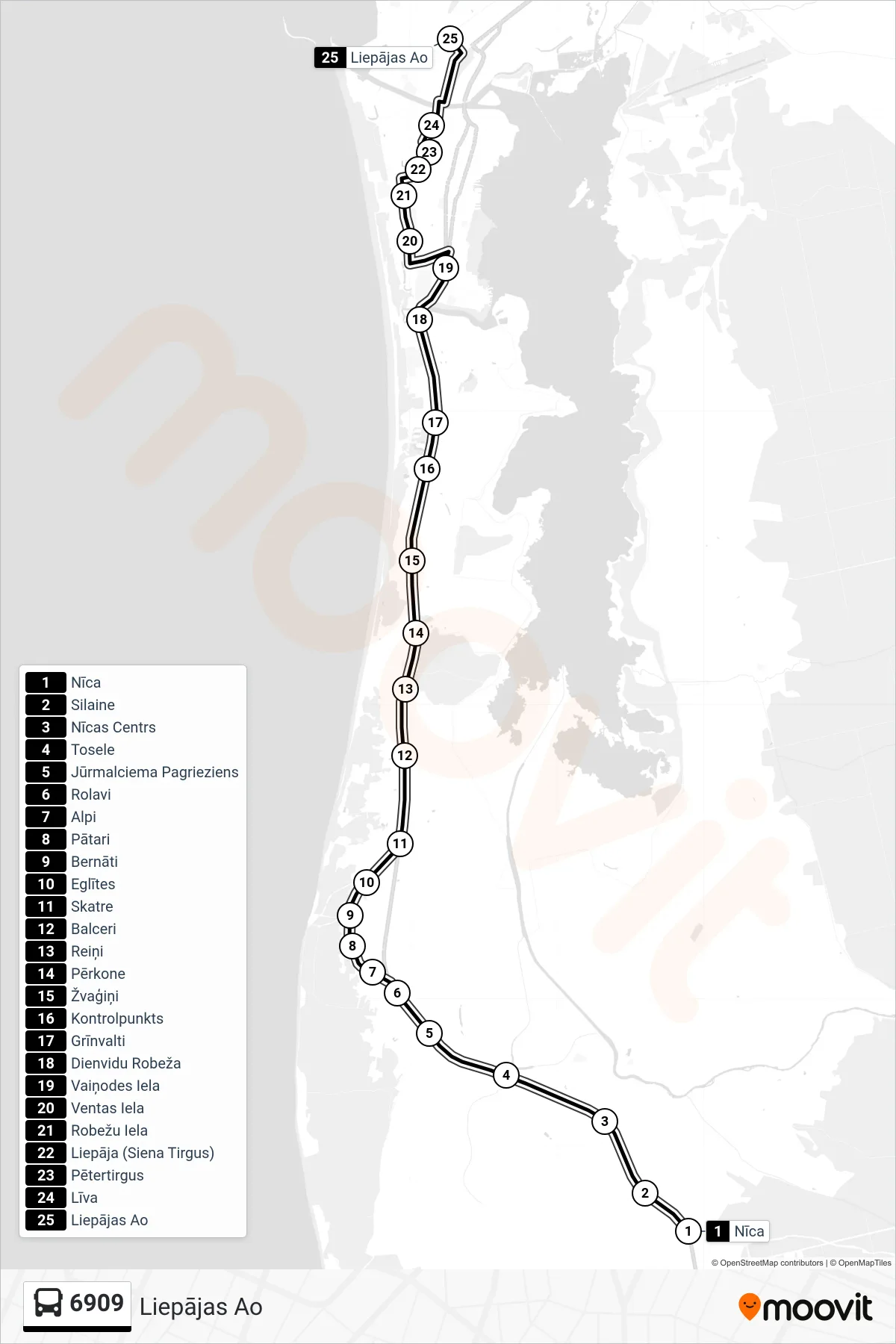 6909 bus Line (Liepājas Ao) route and stops on a map