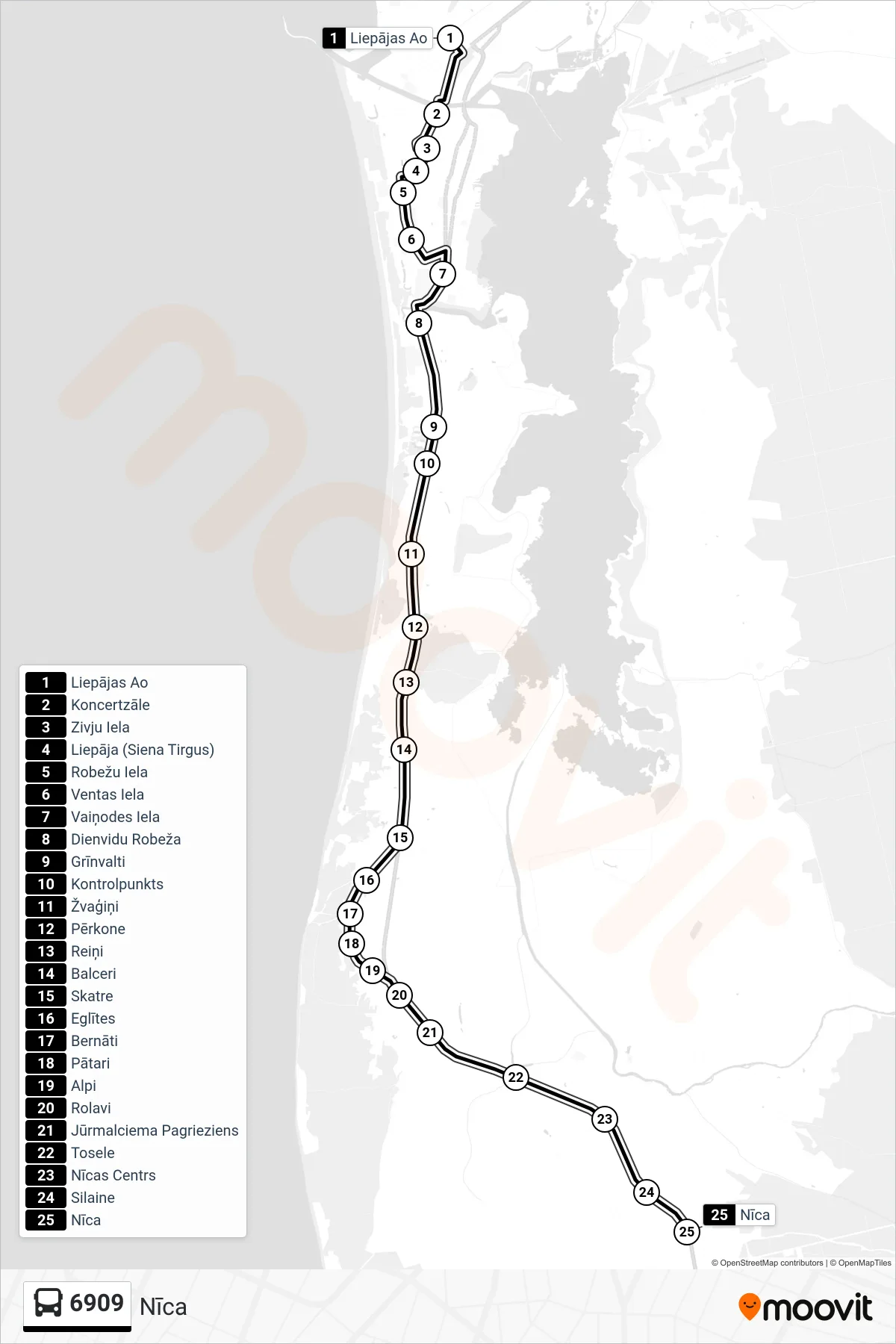 6909 bus Line (Nīca) route and stops on a map