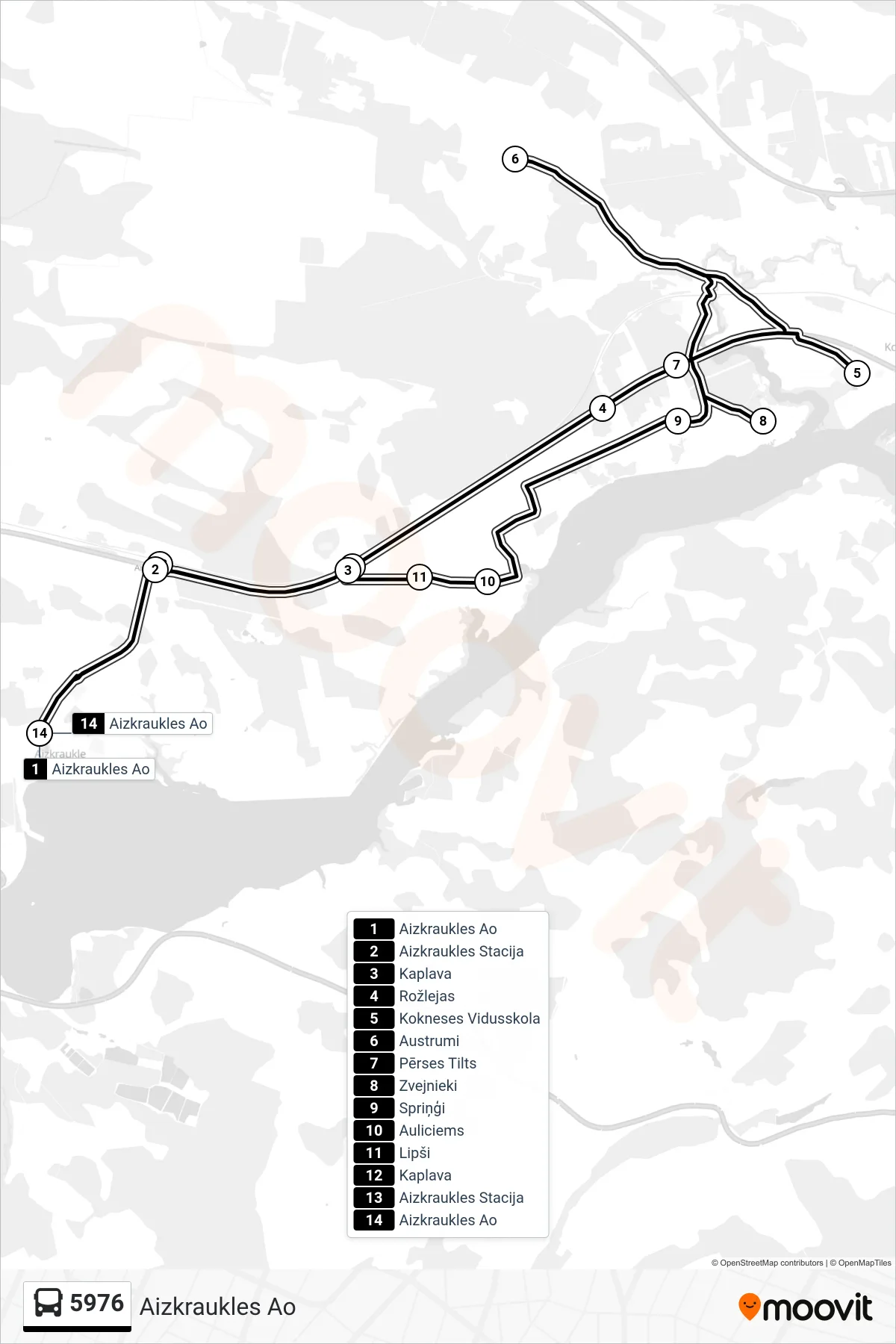 5976 bus Line (Aizkraukles Ao) route and stops on a map