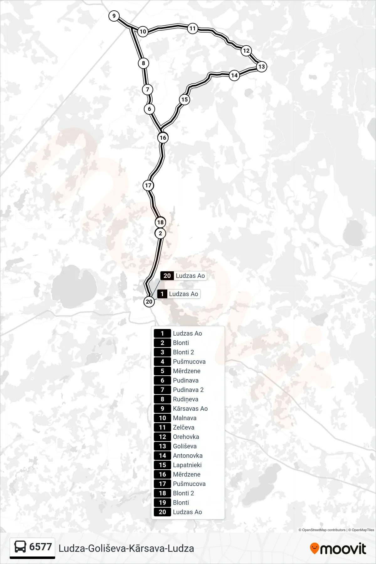 6577 bus Line (Ludzas Ao) route and stops on a map