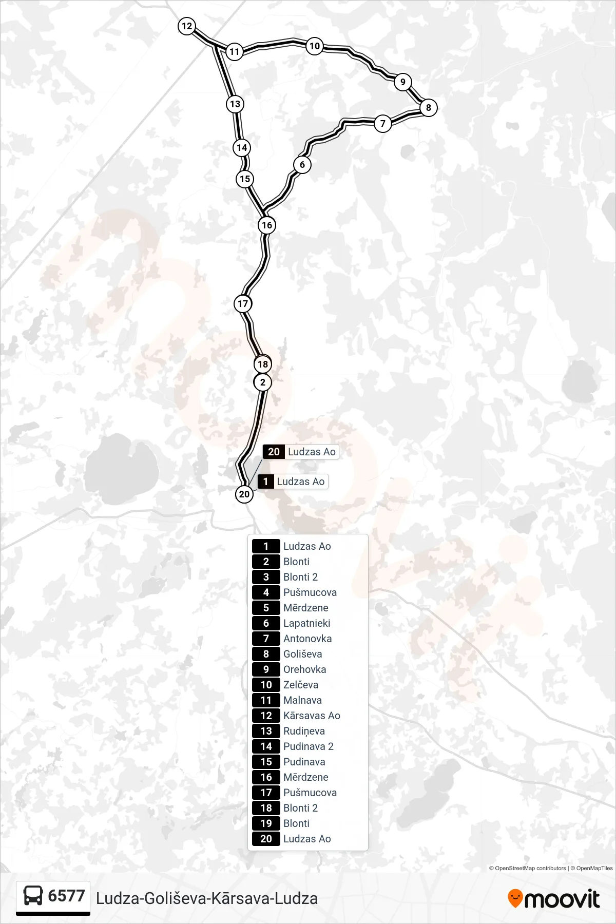 6577 bus Line (Ludzas Ao) route and stops on a map
