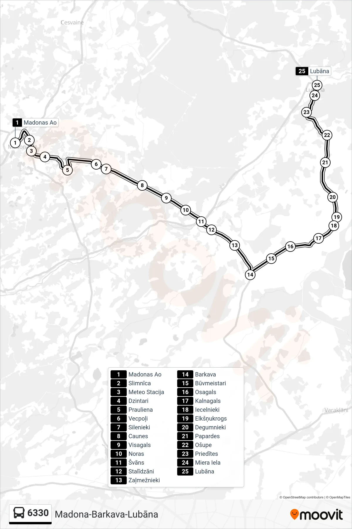 6330 bus Line (Lubāna) route and stops on a map