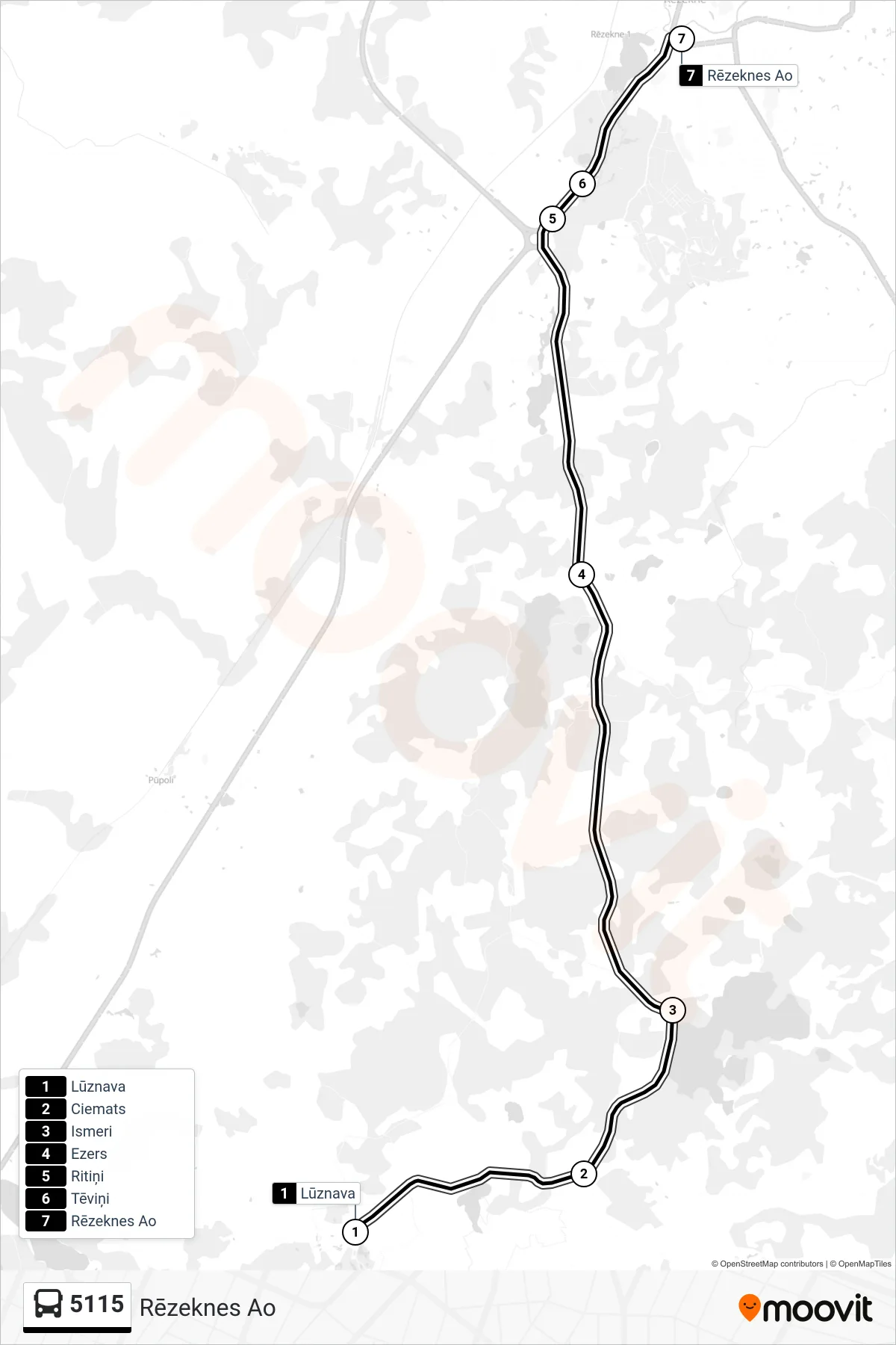5115 bus Line (Rēzeknes Ao) route and stops on a map