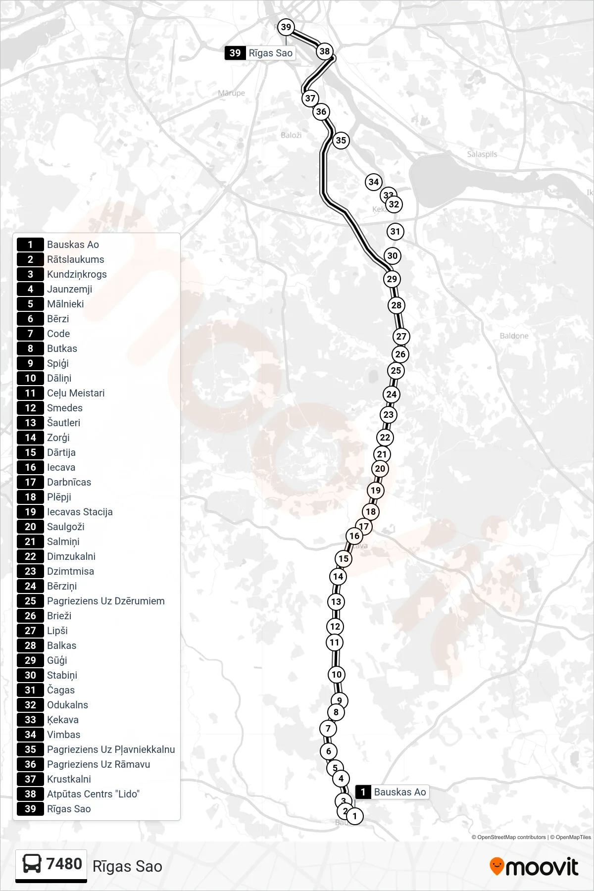 7480 bus Line (Rīgas Sao) route and stops on a map