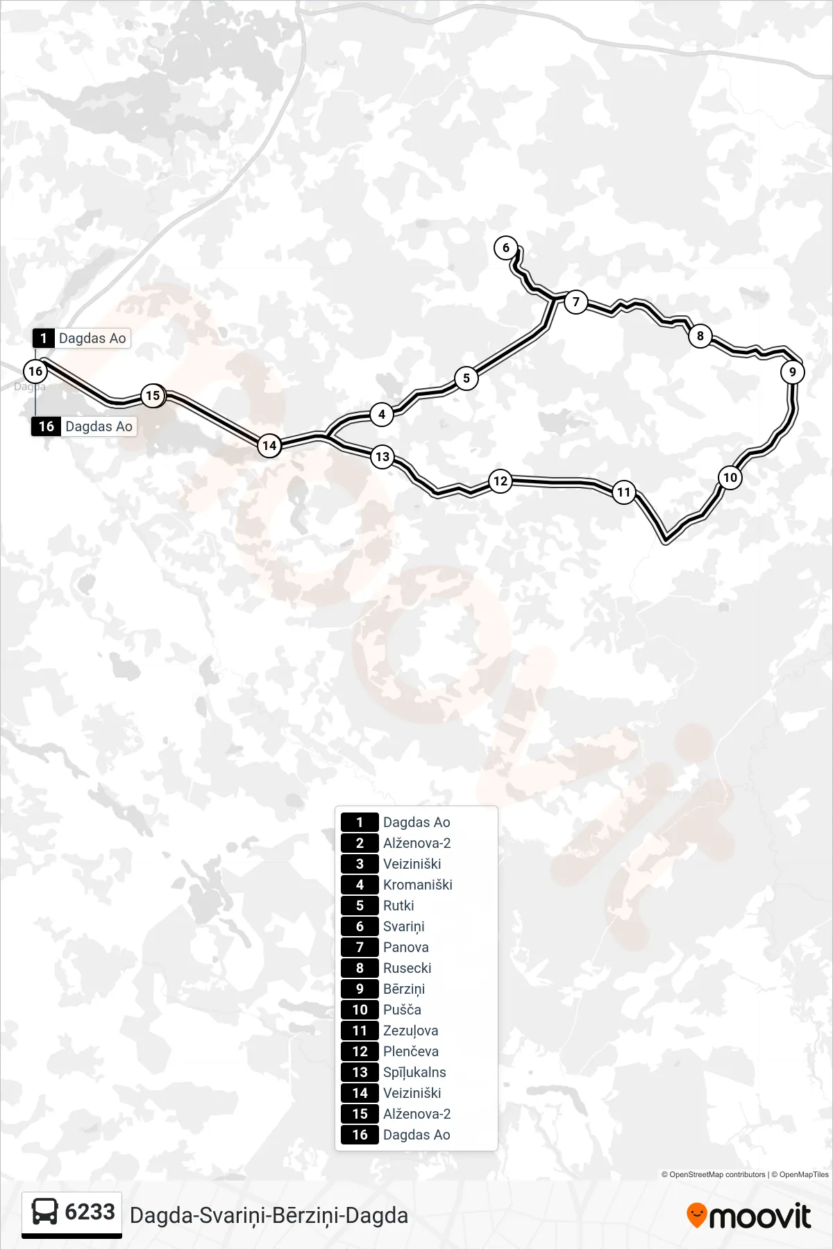 6233 bus Line (Dagdas Ao) route and stops on a map