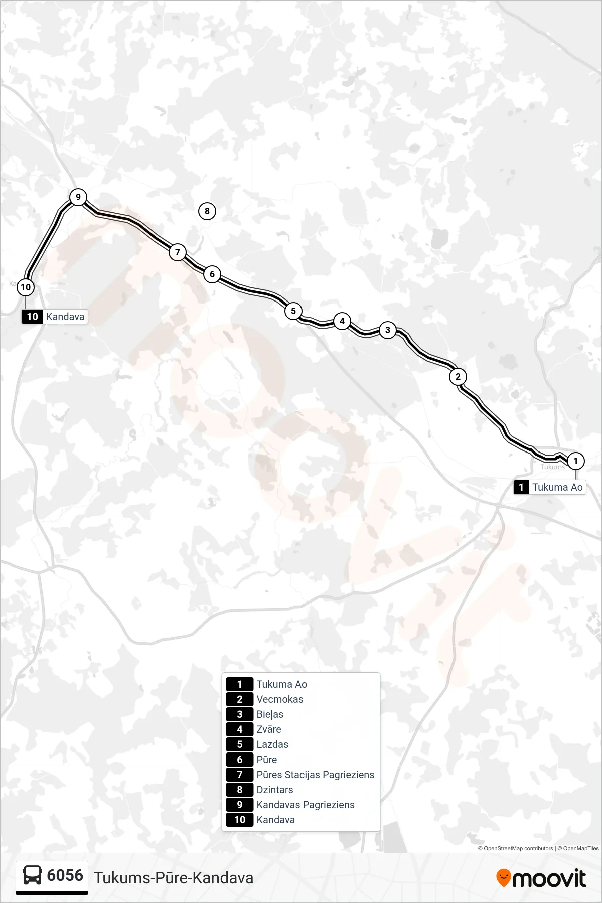 6056 bus Line (Kandava) route and stops on a map