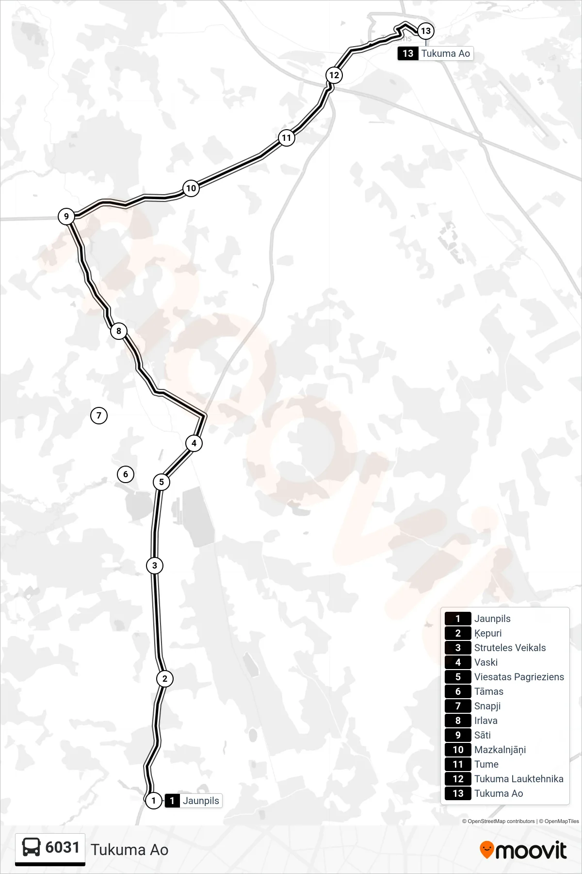 6031 bus Line (Tukuma Ao) route and stops on a map