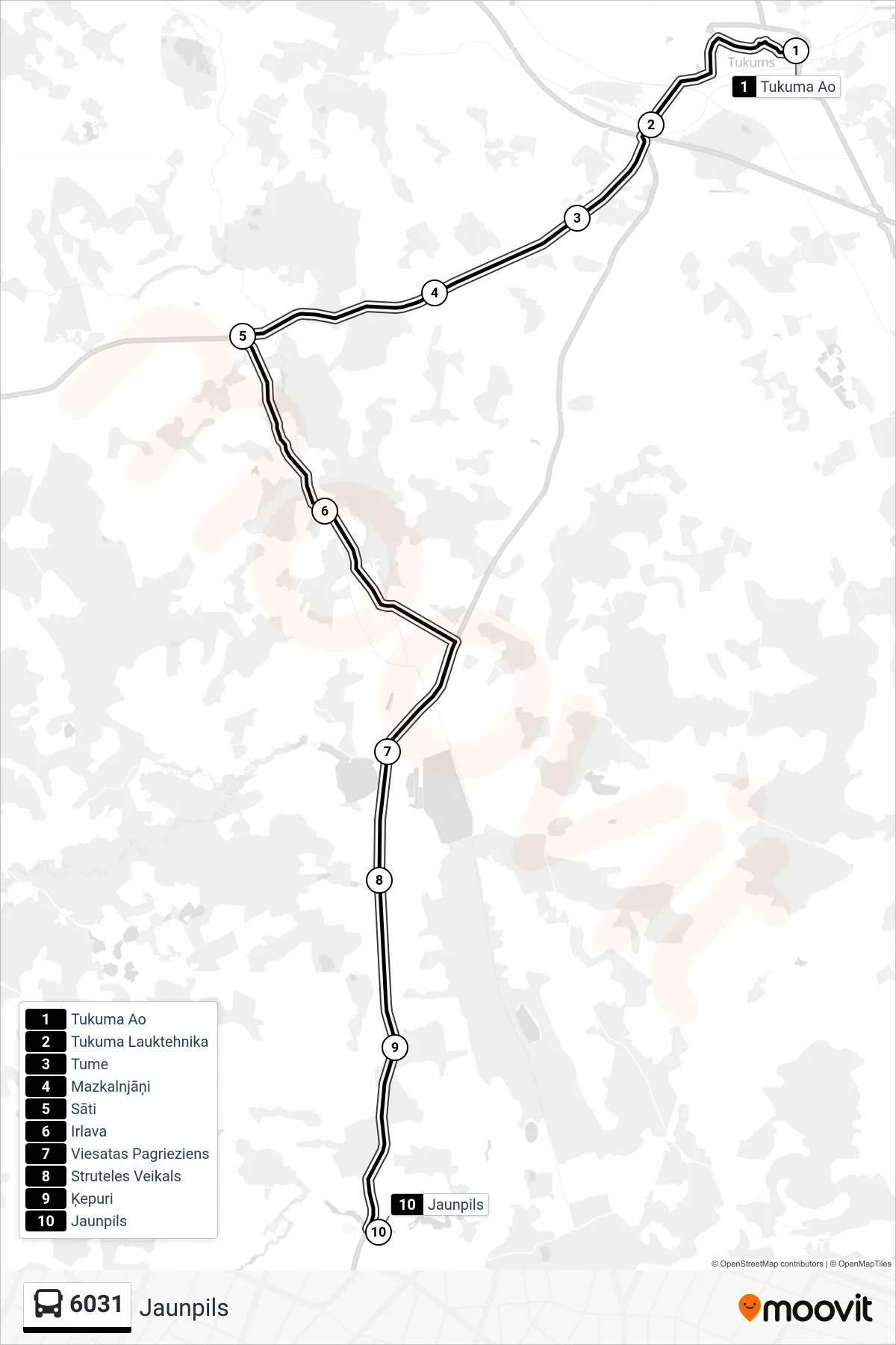 6031 bus Line (Jaunpils) route and stops on a map
