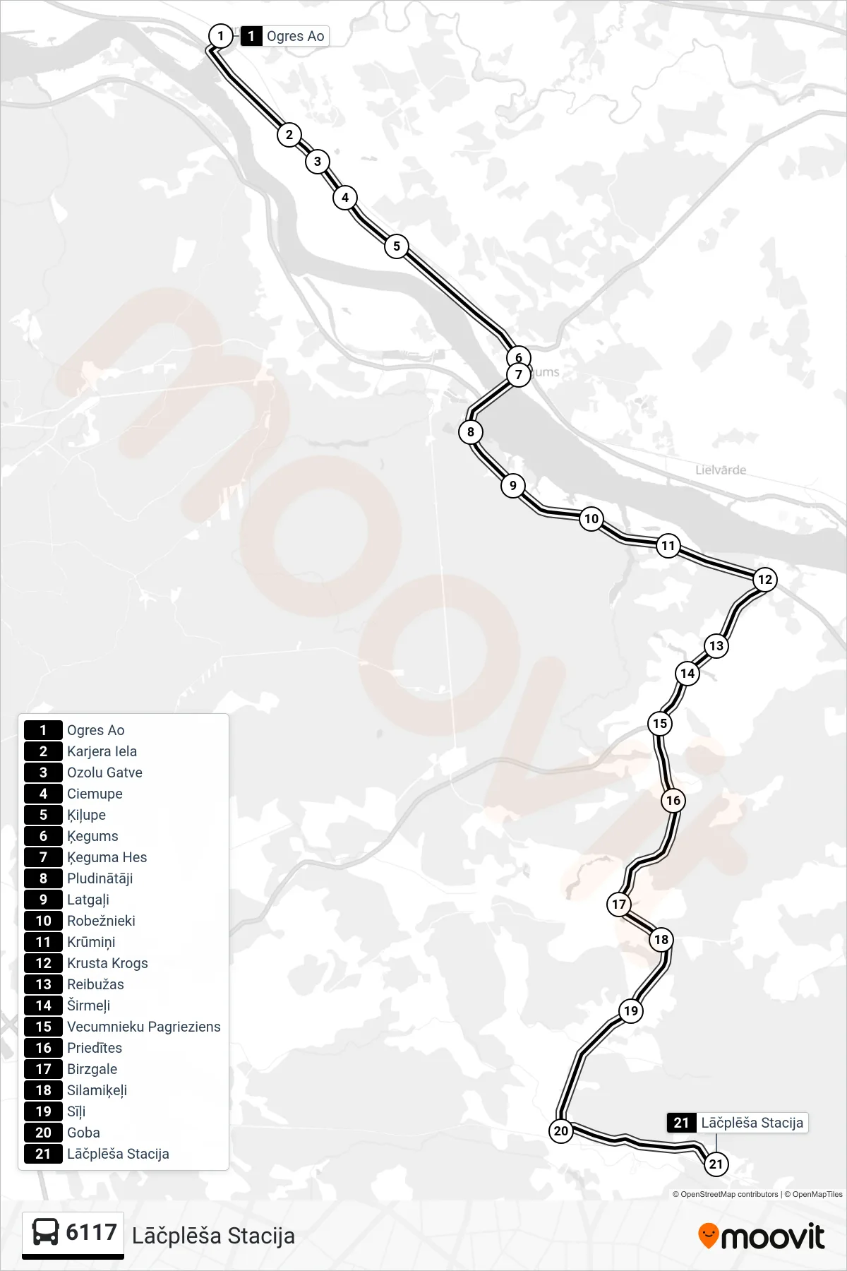 6117 bus Line (Lāčplēša Stacija) route and stops on a map