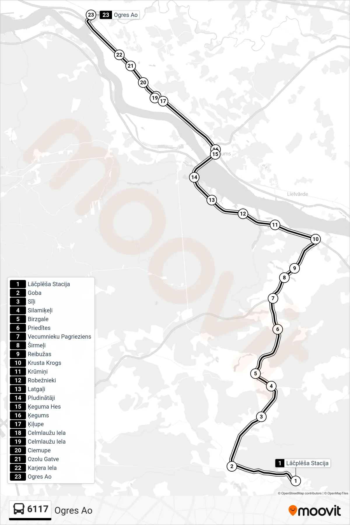 6117 bus Line (Ogres Ao) route and stops on a map