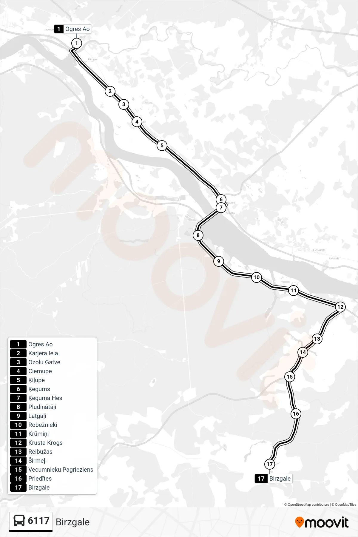 6117 bus Line (Birzgale) route and stops on a map